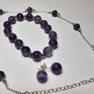 Sterling Silver And Amethyst 3pc Set, 20" Necklace, Bracelet, 6mm Pierced Earing